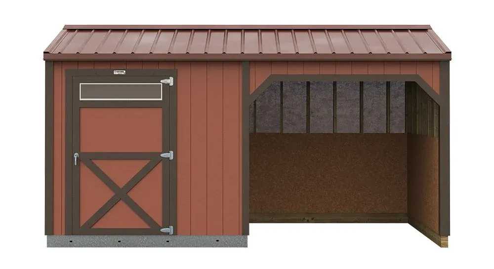 Digitally created image of a red premier loafing shed with a metal roof