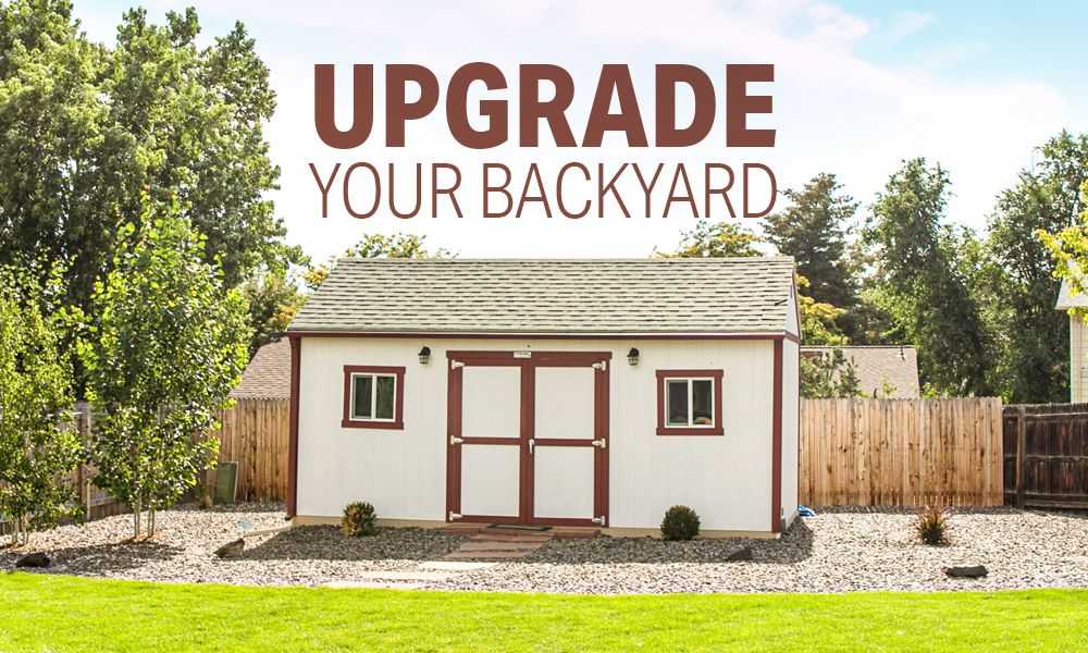 A premier tall ranch with text over the picture reading upgrade your backyard.