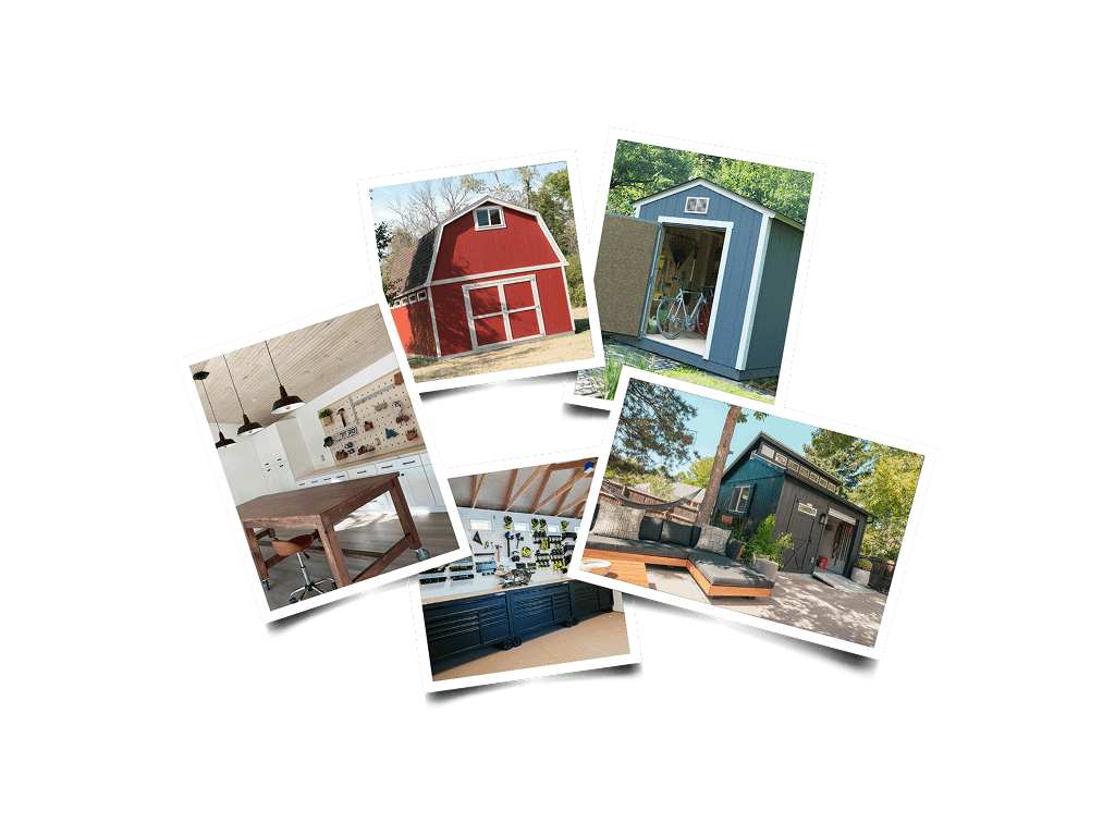 a collage of different shed styles