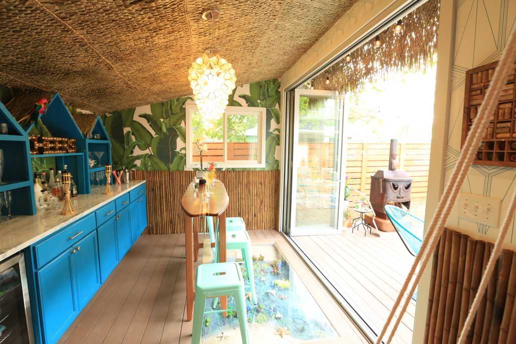 Premier Pro Studio Tiki She Shed Interior with front deck