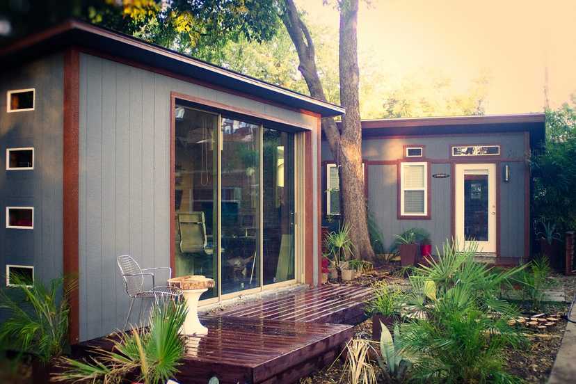 Exterior of the Premier Lean To Office Shed Landscaping and Front Deck 01