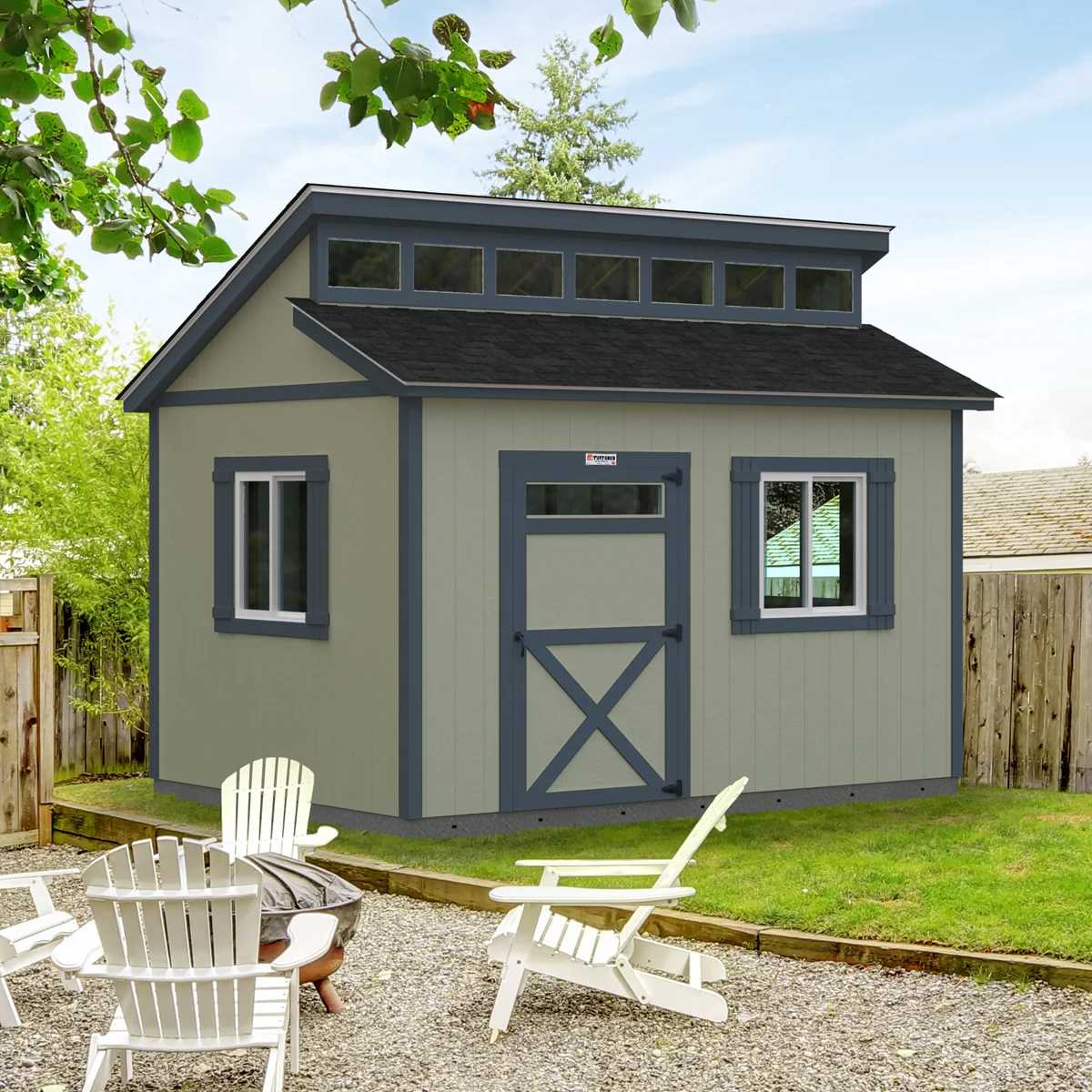 A Premier Pro Tall Ranch with a backyard with chairs and a fire pit.