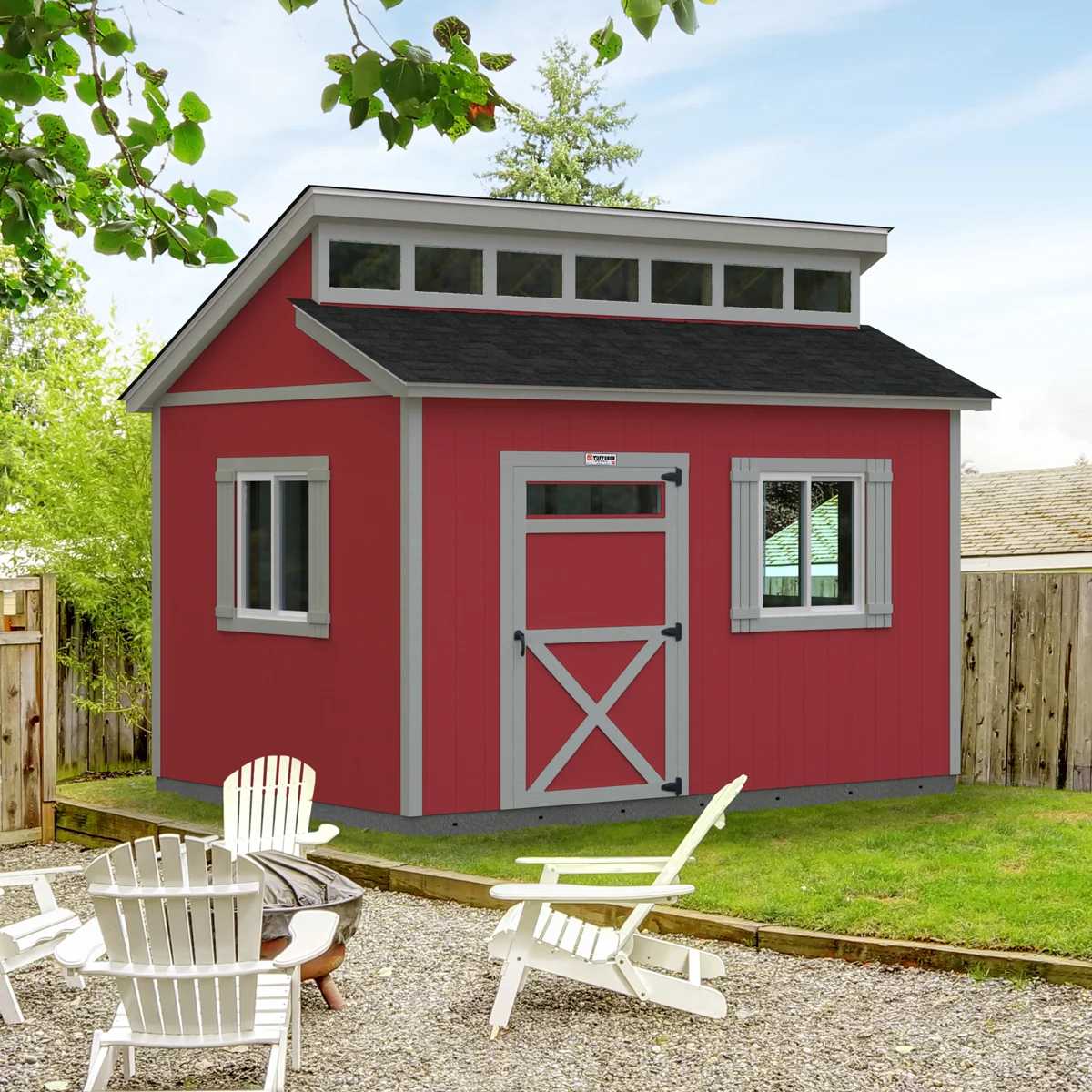 Premier pro tall ranch shed in a backyard with a fire pit and chairs.