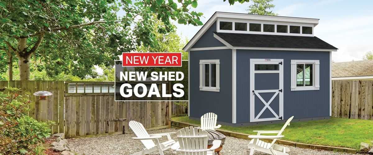 A  Premier PRO Tall Ranch Tuff Shed with text saying new year new shed goals.