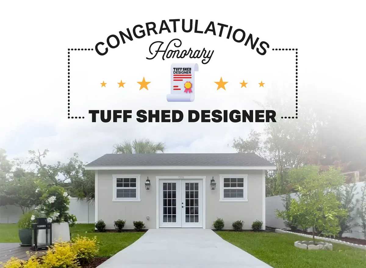 A Premier PRO Tall Ranch Tuff Shed in a backyard thats filled with plants.