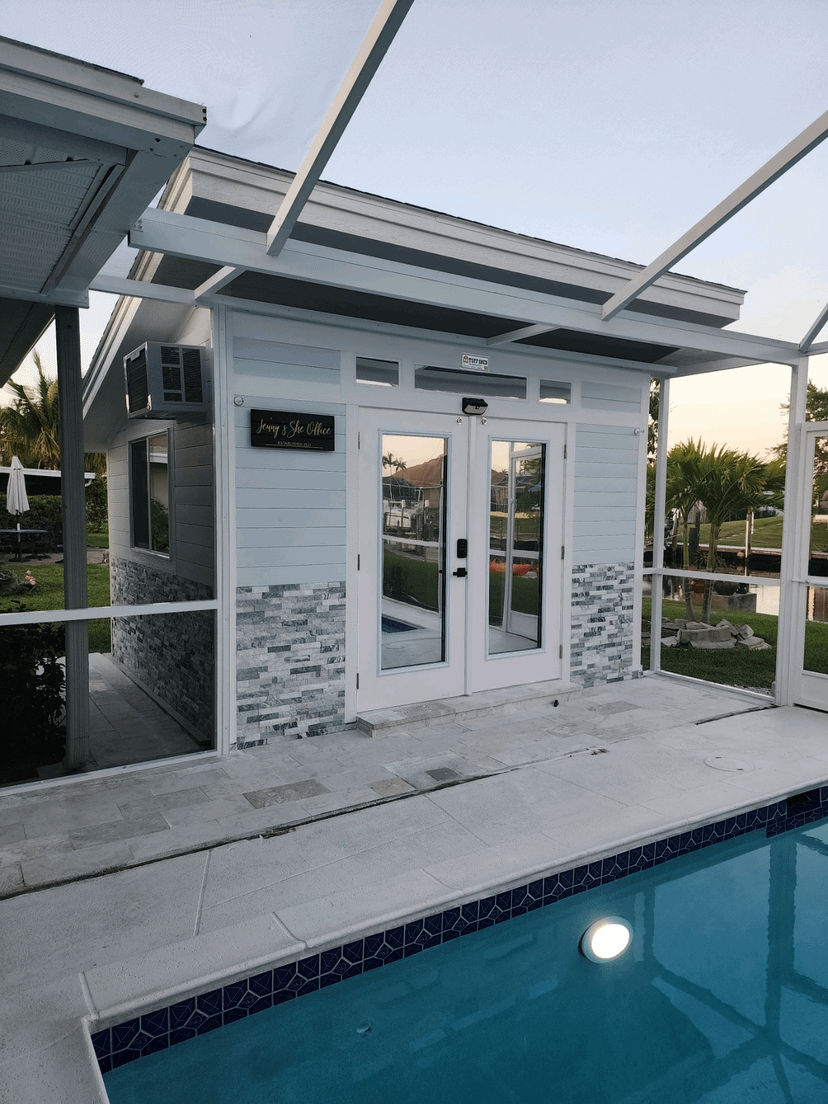 A premier pro studio for a pool house that turned into an office.