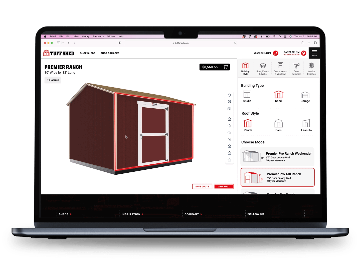 A laptop screen displays a Tuff Shed webpage with a Premier Ranch shed, priced at $8,560.55, featuring options for building type and roof style.