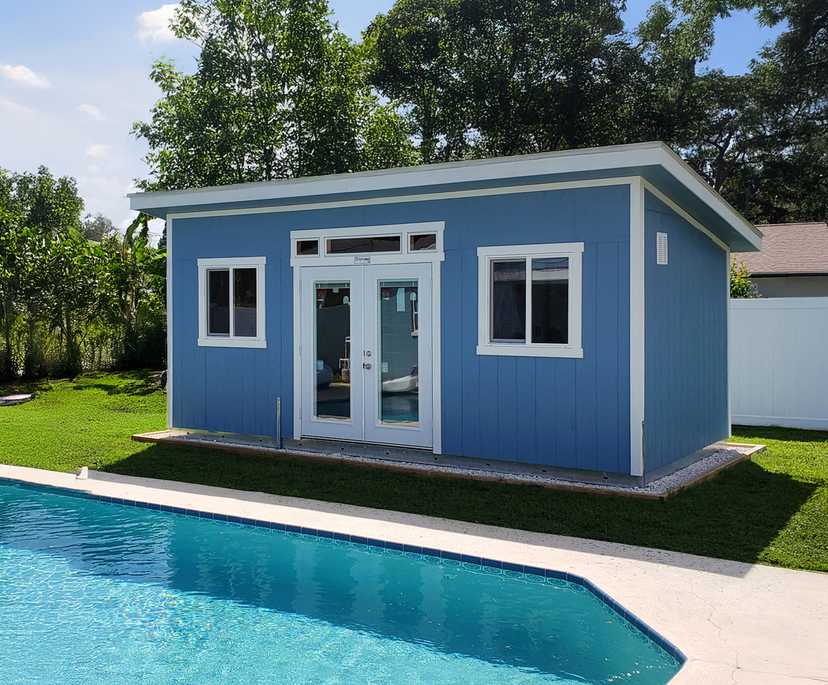 This is. a premier pro studio used as a pool house for a pool.