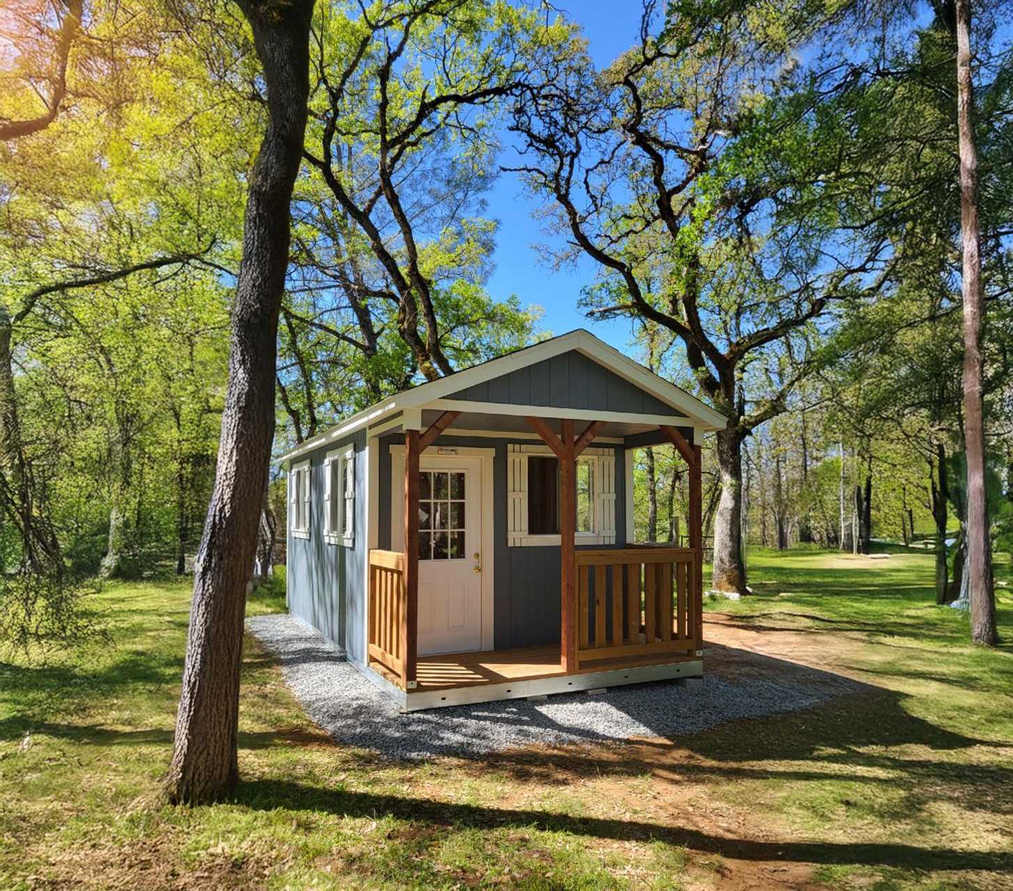A Premier Pro Ranch Weekender in the backyard for guest space and storage.
