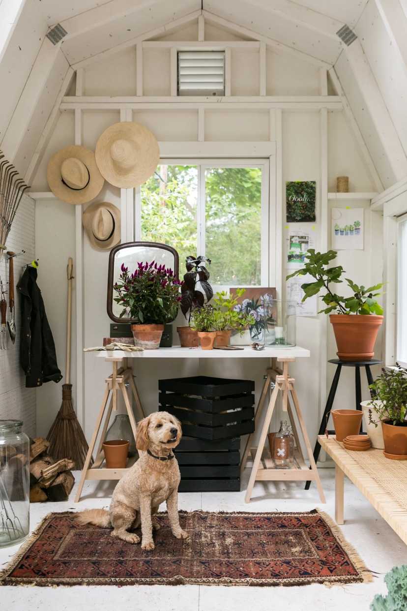 Inside is a gardening shed with plants and tools all around and a dog in the center.