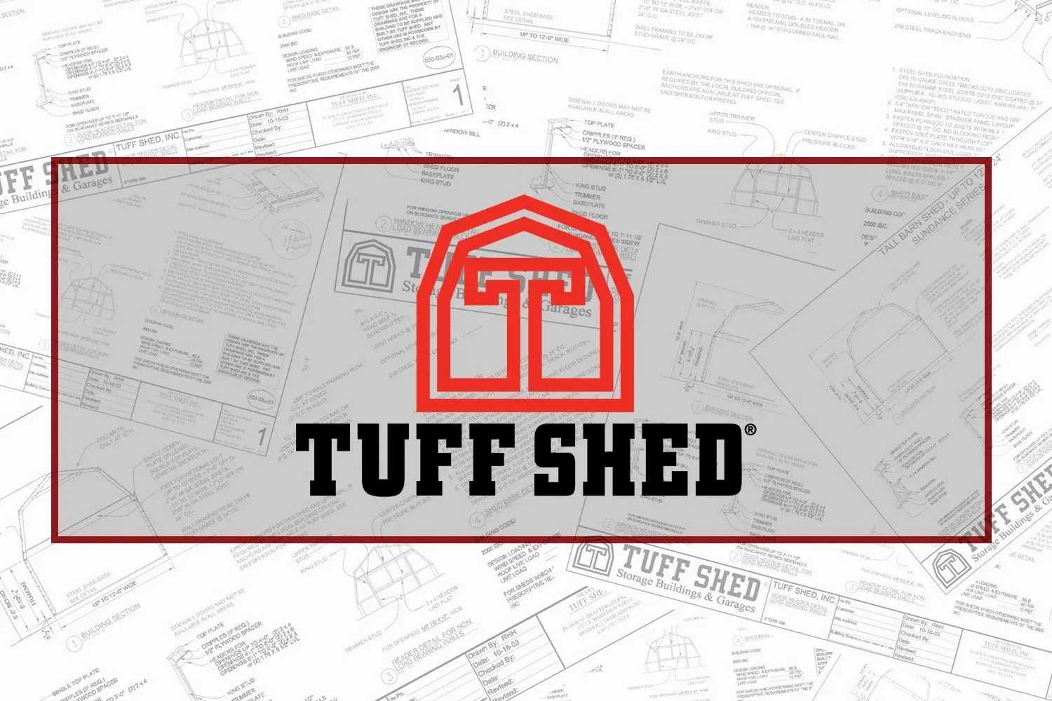 The Tuff Shed logo is displayed over a series of engineering plans