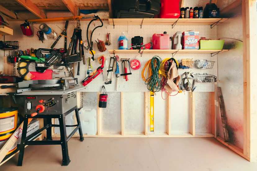 Interior of Premier Tall Barn with pegboard and shelving