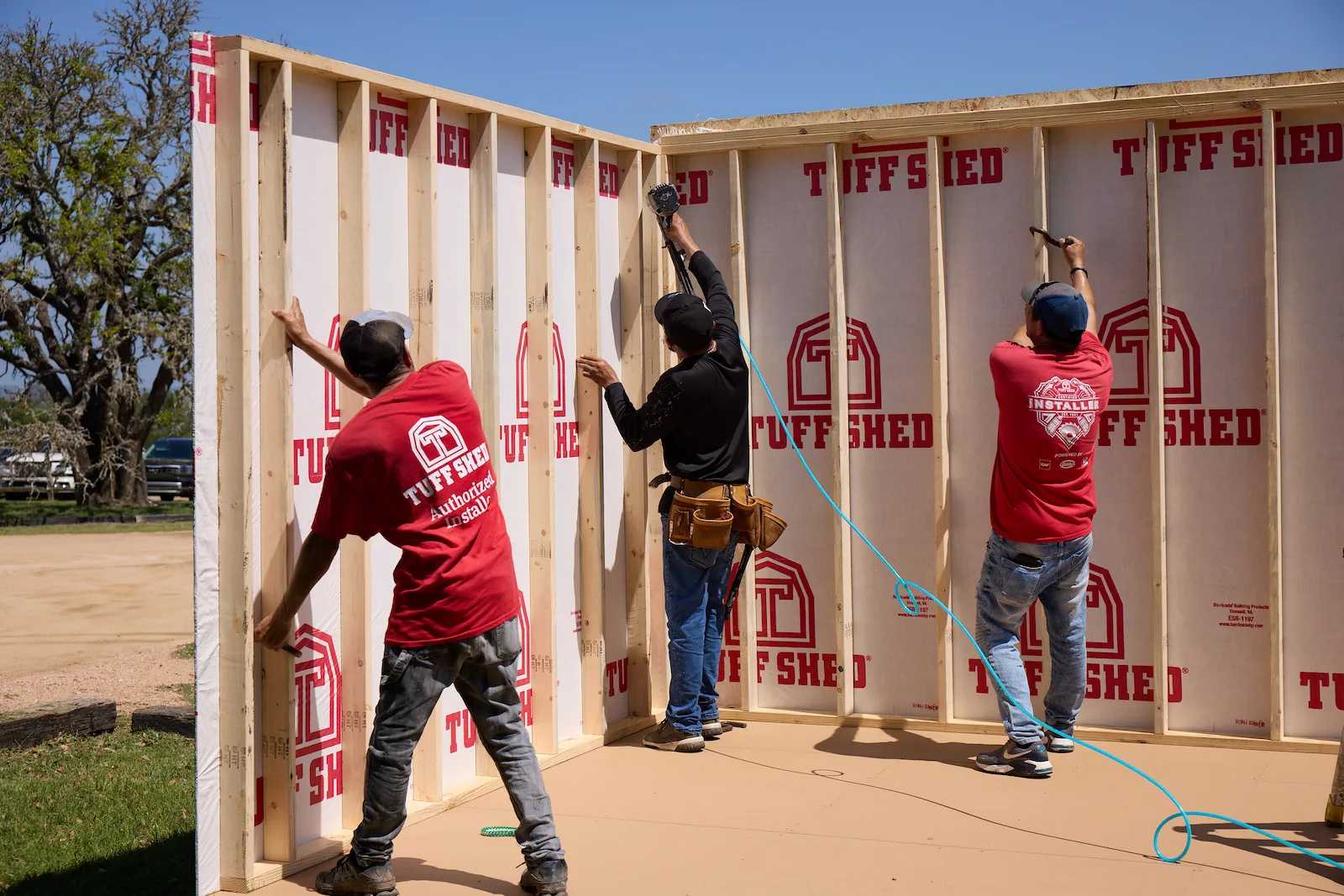 Tuff Shed Installers Putting a wall up for a Premier PRO Tall Ranch at Garrison Brothers Distillery