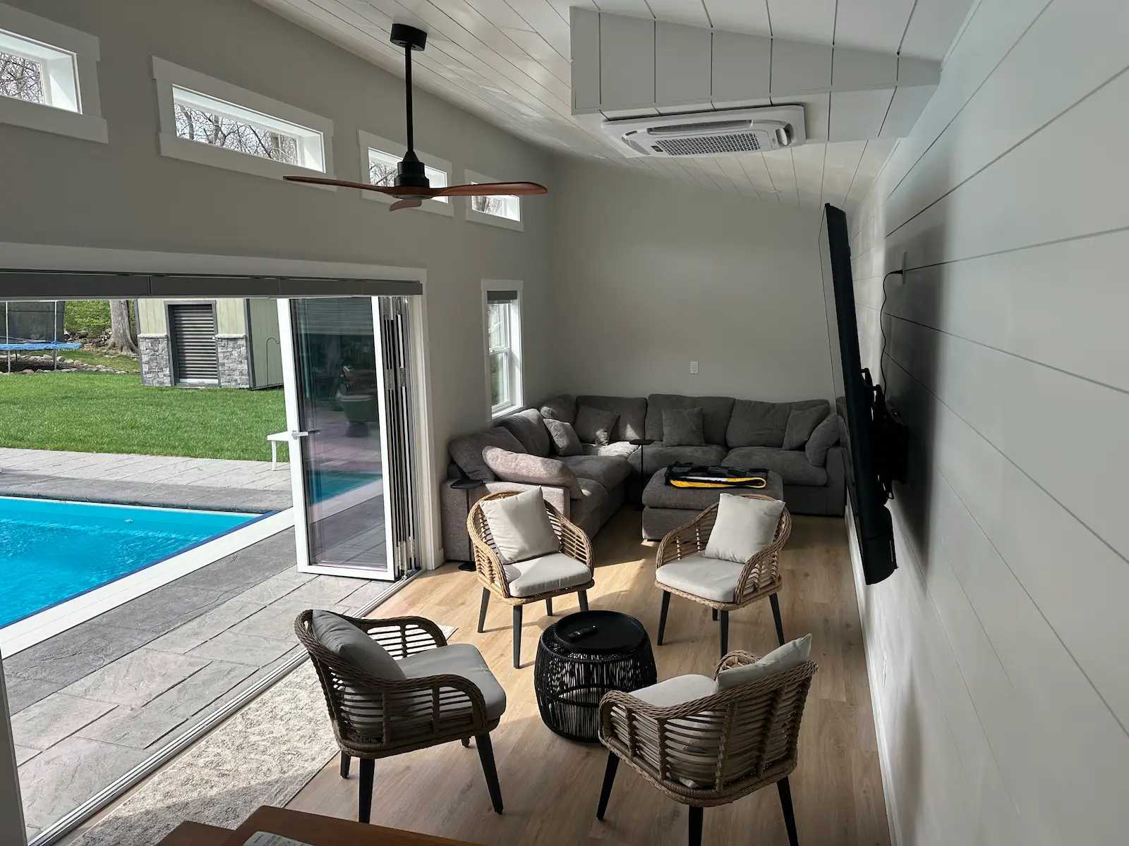 Interior of Premier Lean To building with seating area and TV