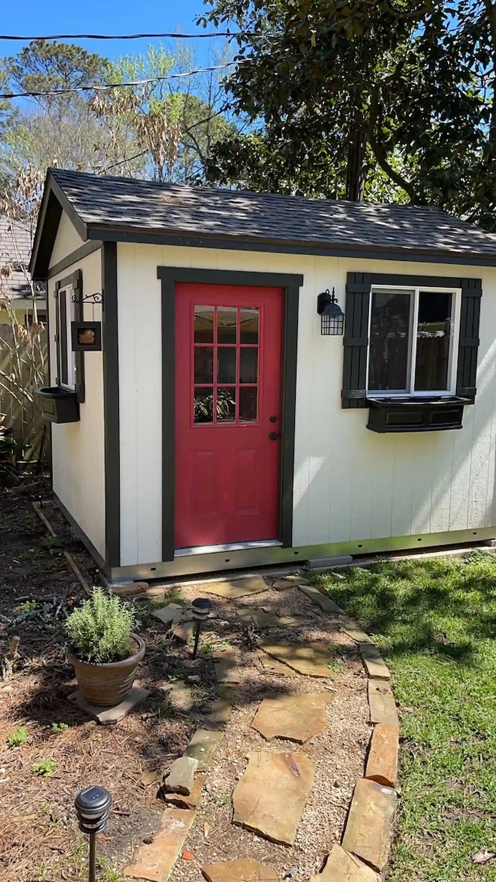 White premier pro tall ranch pub shed with a red door