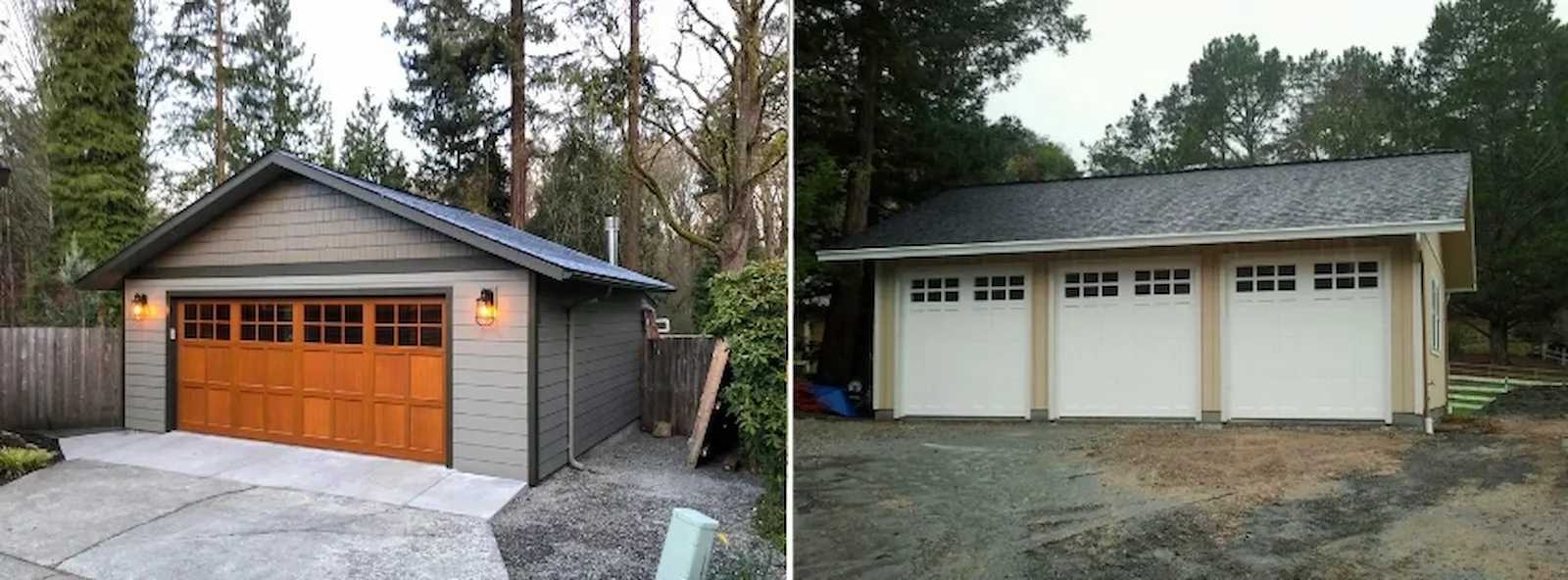 Two images of Premier Pro Ranch Garages, one with a custom door and the other with three garage doors