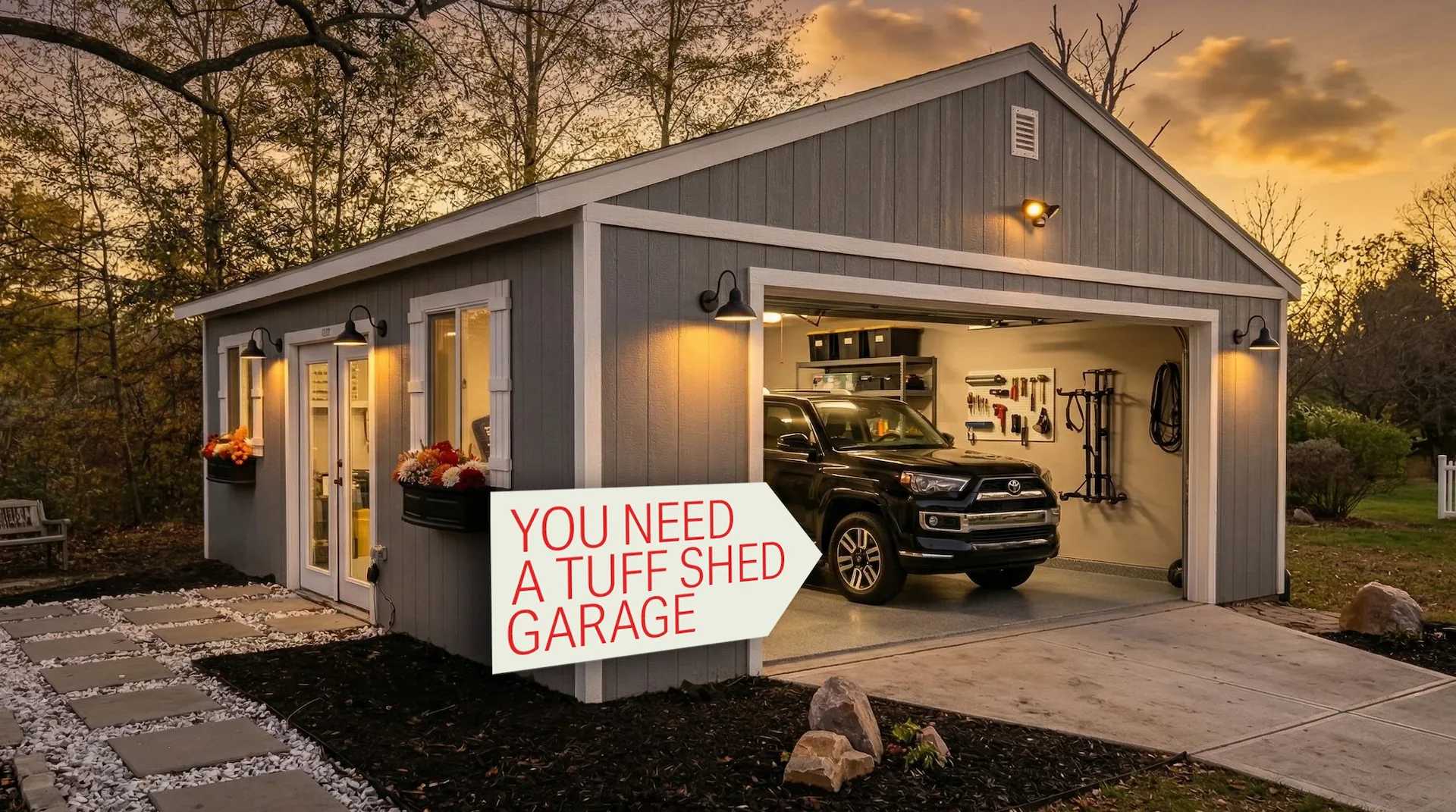 Beautiful Tuff Shed garage with open door and car inside, residential door, and windows