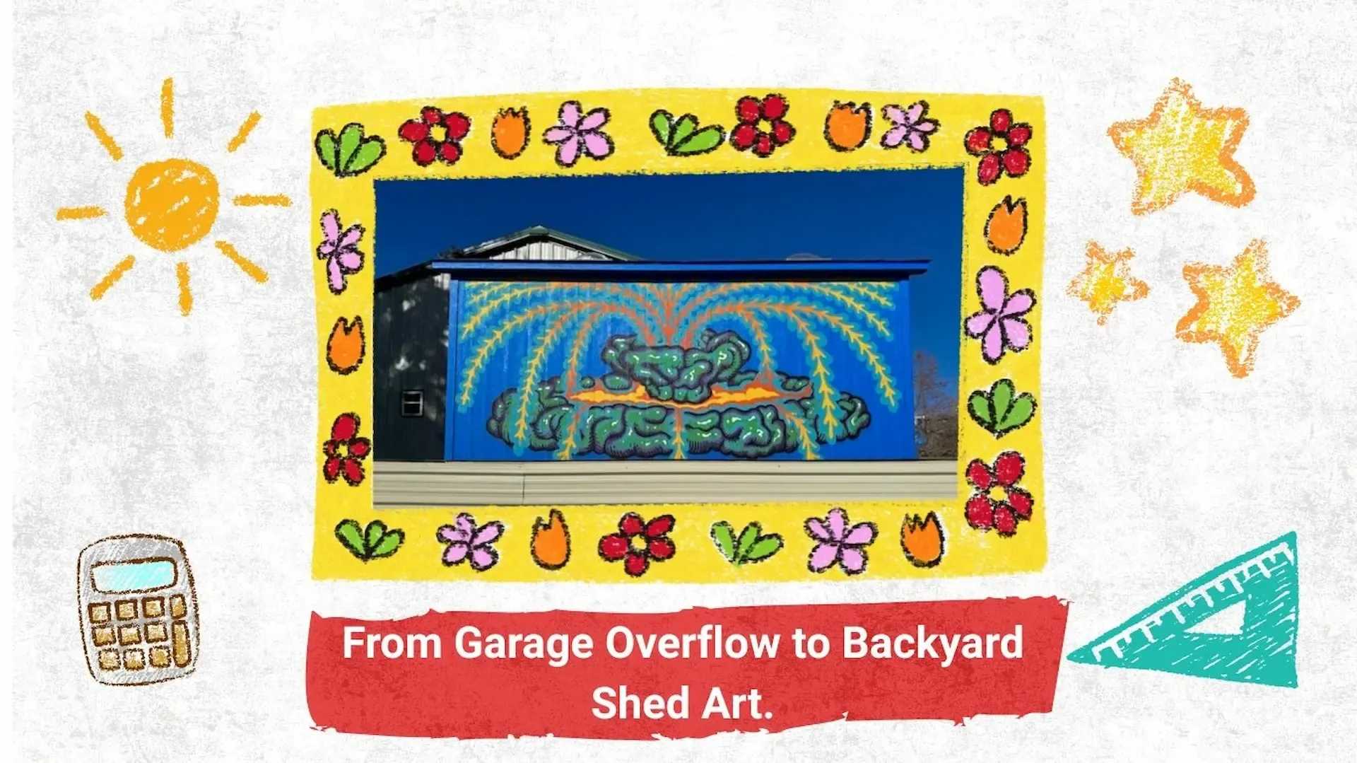 Photo of a drawing with a shed in a frame