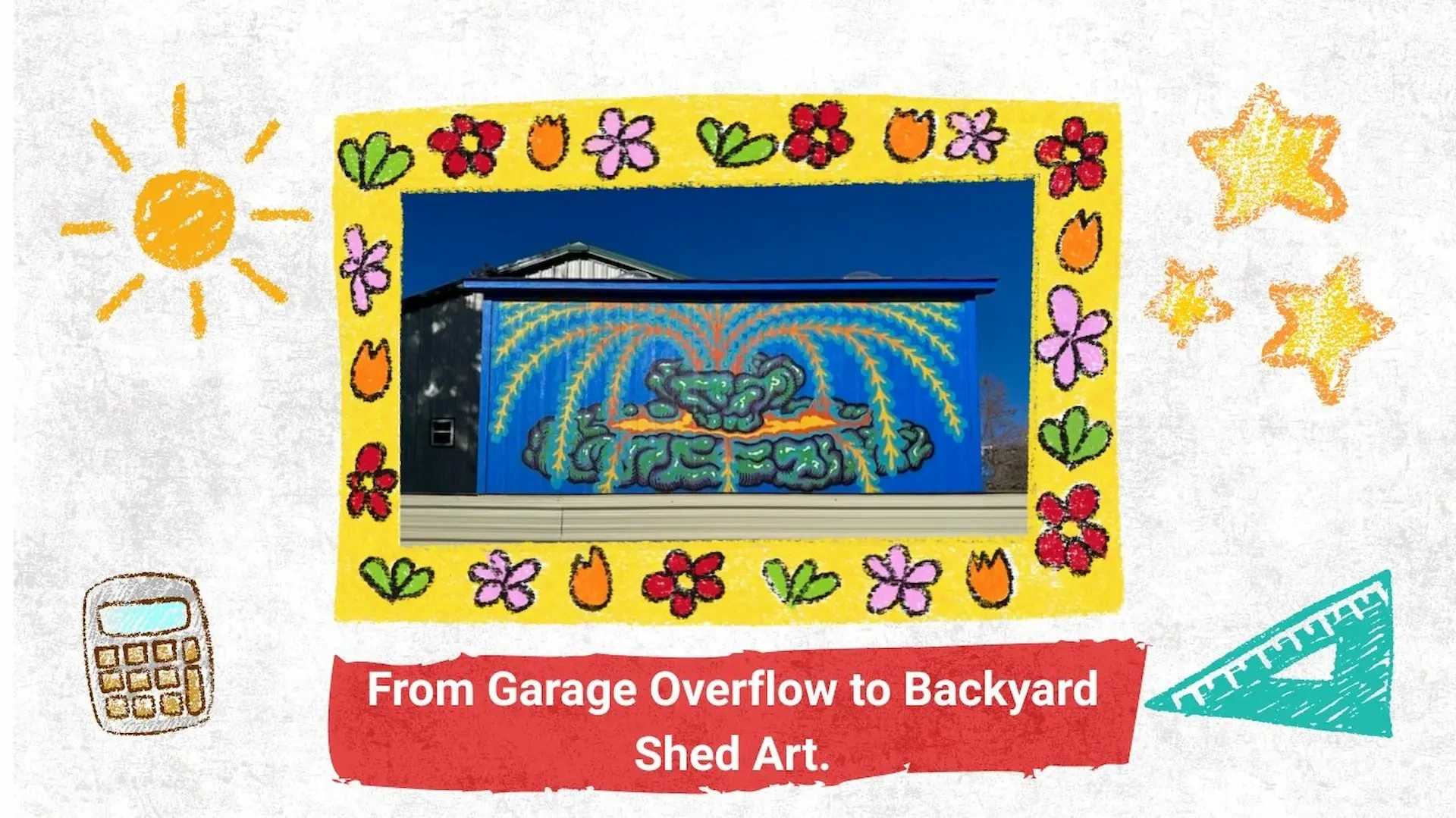 Photo of a drawing with a shed in a frame