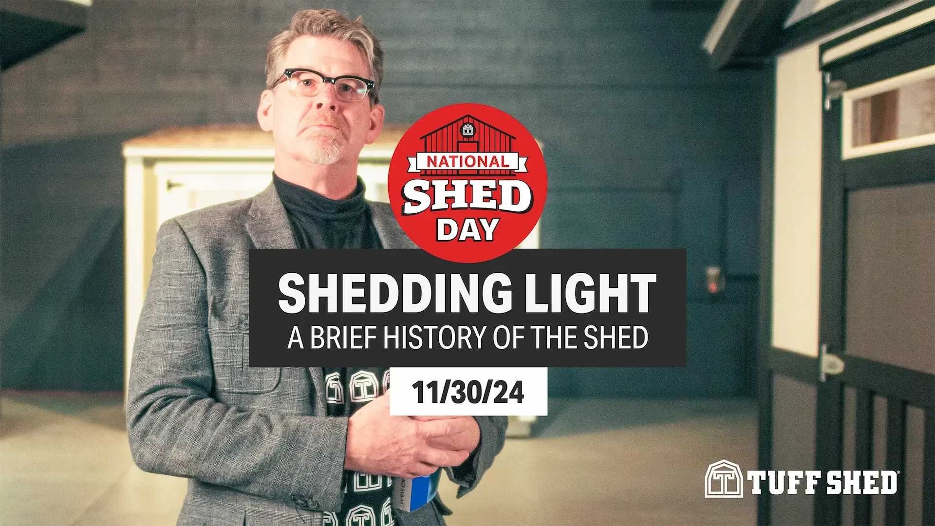 National Shed day hero image of a man holding a text book in a Tuff Shed showroom