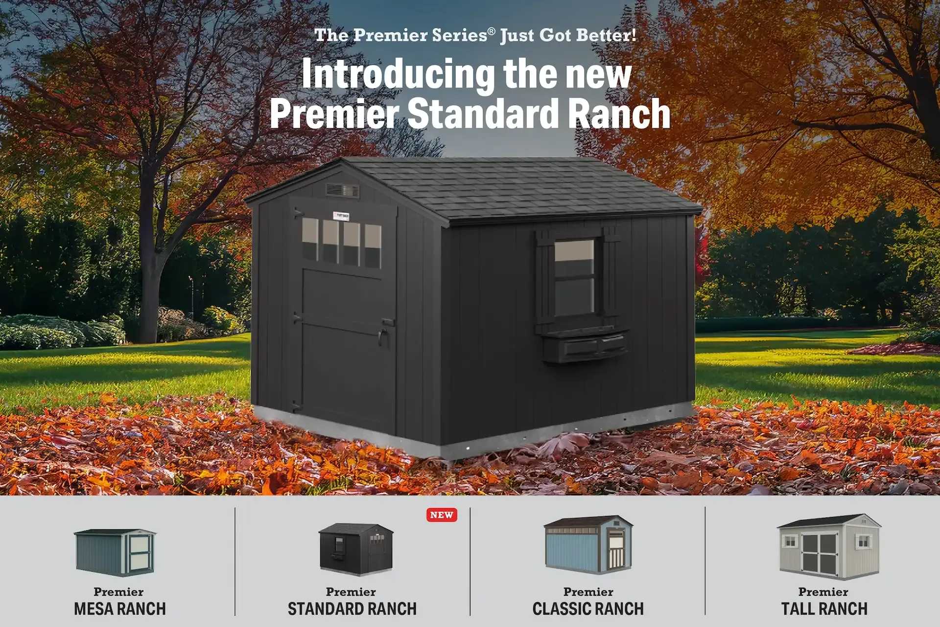 New black Premier Standard Ranch building on grass with leaves