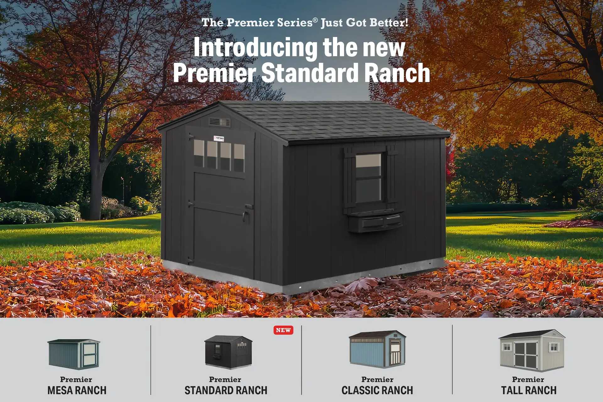 New black Premier Standard Ranch building on grass with leaves