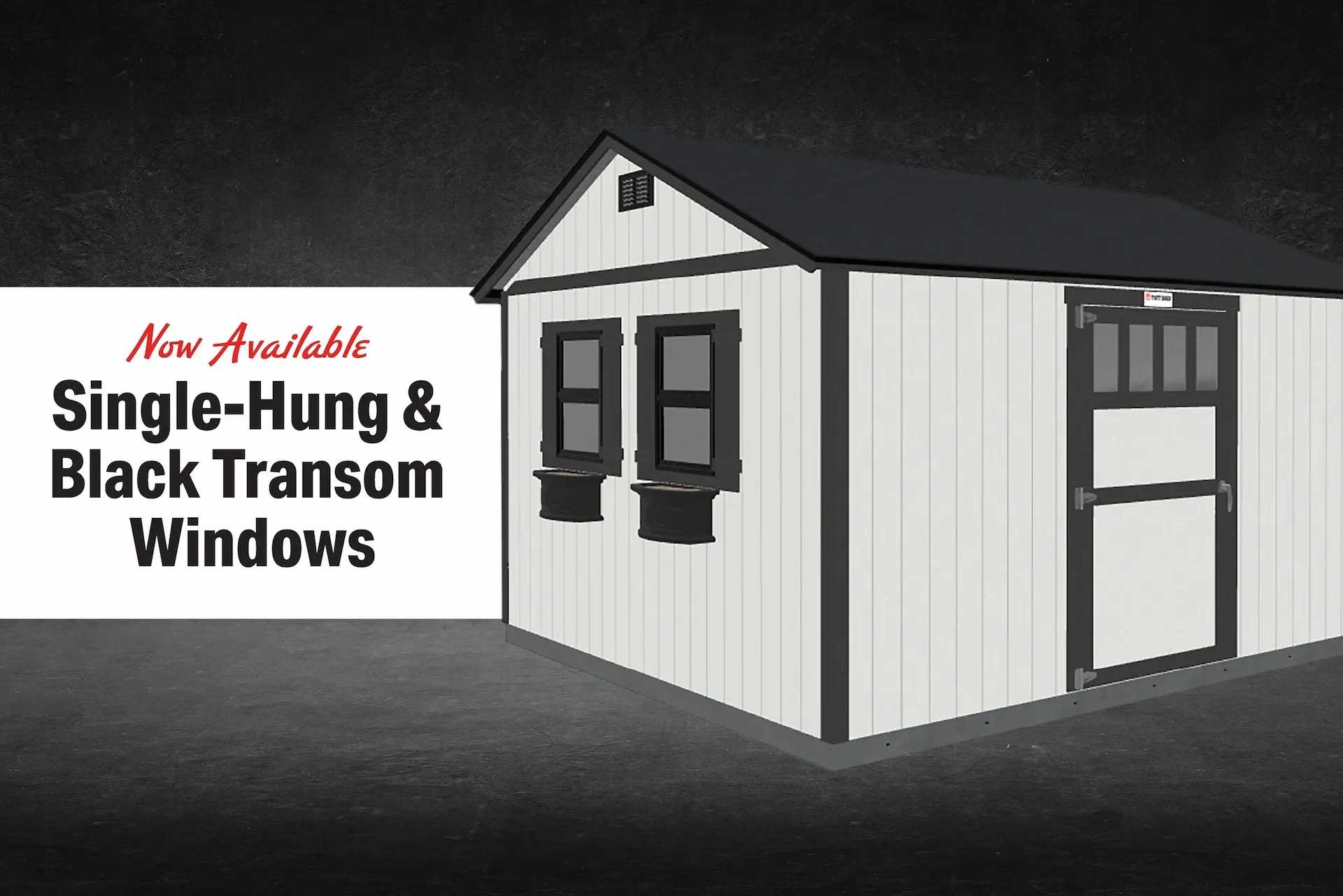 Black transom windows hero image with white shed
