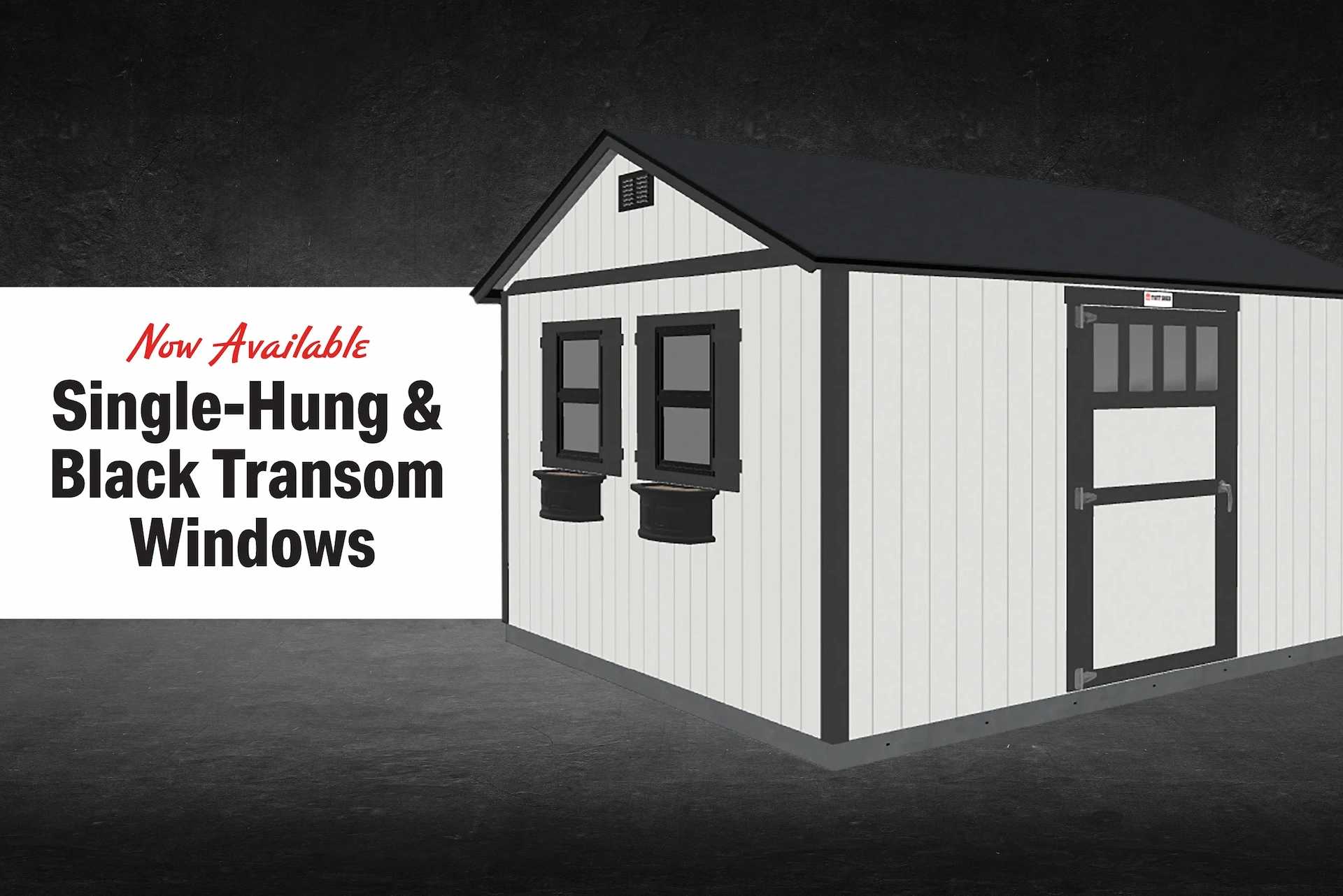 Black transom windows hero image with white shed