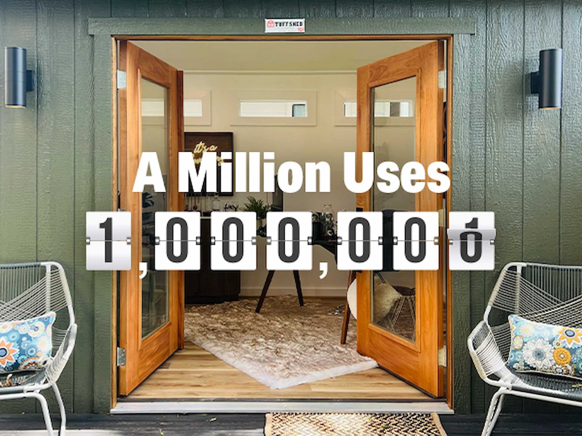 Million text in front of a green tuff shed with open doors