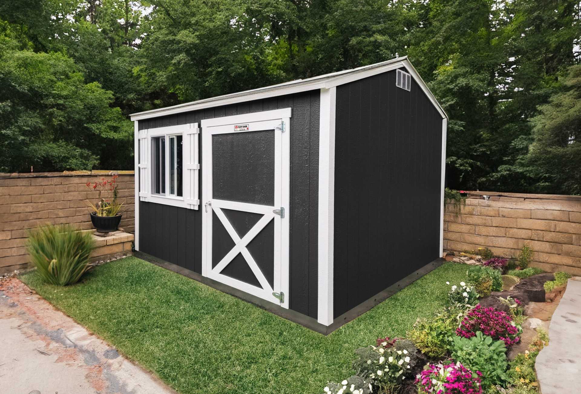 Black and white garden ranch storage shed