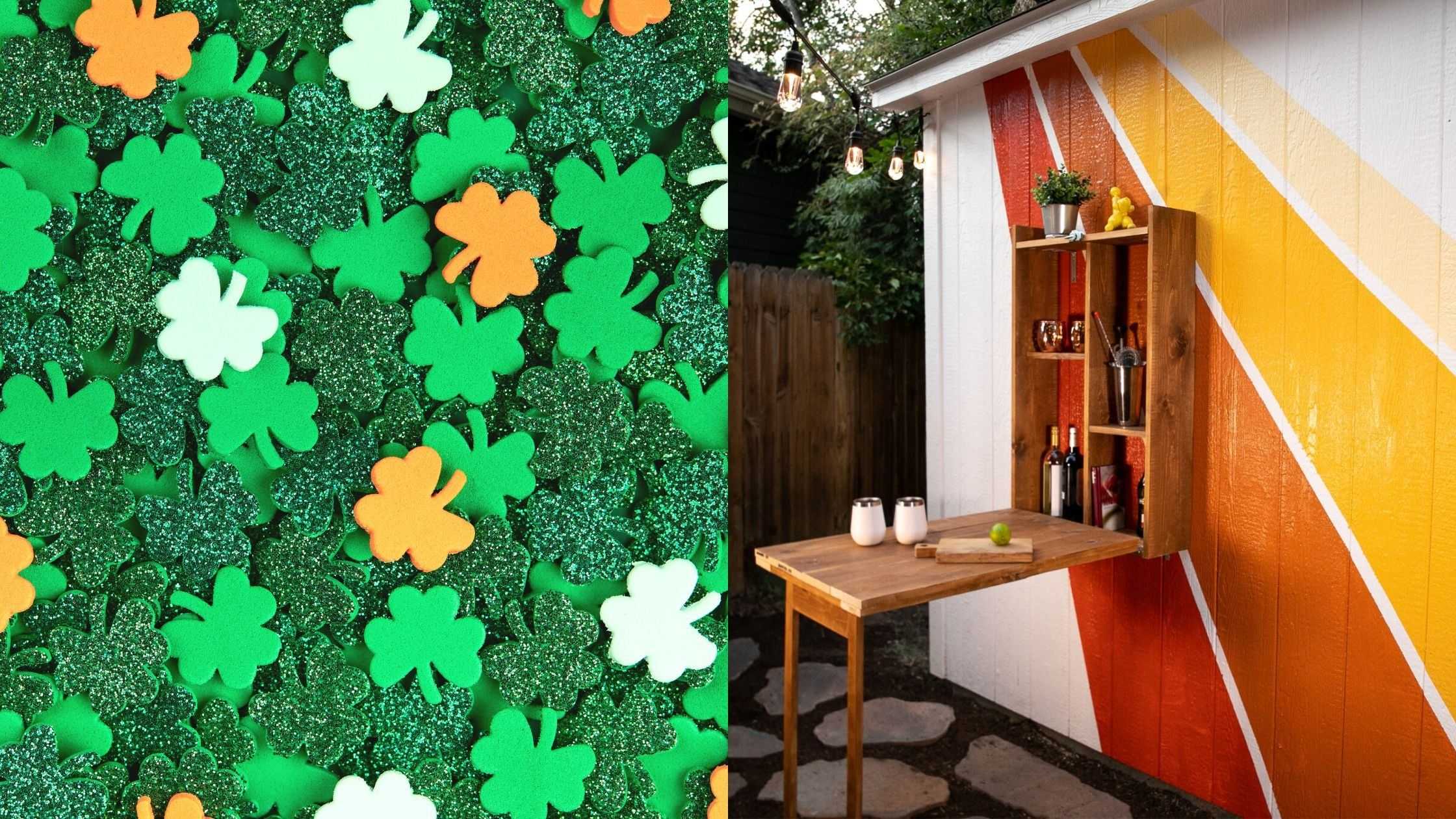 Shamrocks on one side of the image and a Murphy bar on the other end that is unfolded and has bottles around and on top.