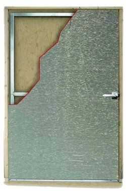 A cross cut section of a Tuff Shed door with the upper left portion cut away revealing the interior of the door