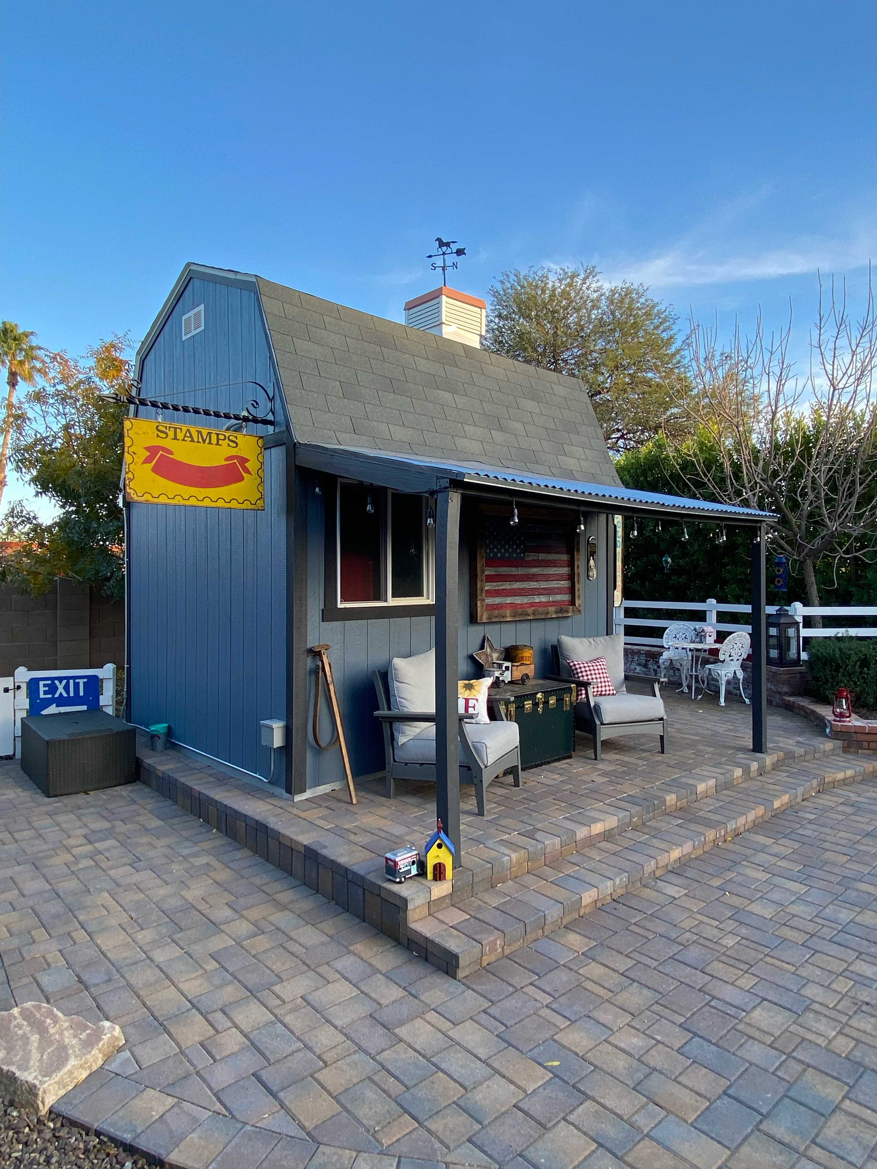 A premier tall barn used for backyard guest space.