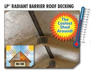 A graphic featuring the interior of a shed, looking at the roof, with a starburst image next to a thermometer