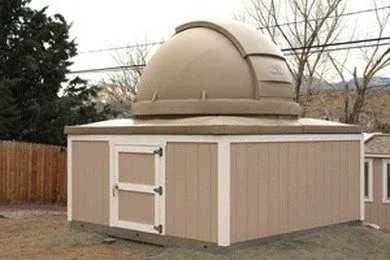 Exterior of a custom Tuff Shed building that has been converted into an observatory