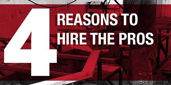 A black and white image of a factory floor with a red bar over it and white letters over that that say 4 Reasons to Hire the pros