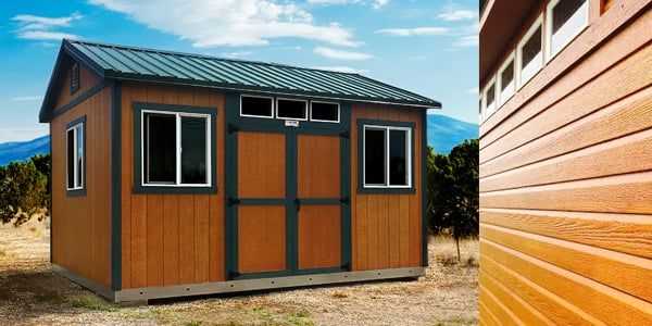 Exterior of premier pro ranch with lap siding with cedar stain, green trim and a metal roof
