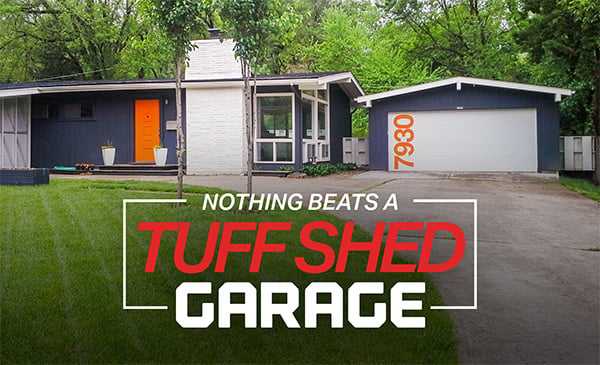 Tuff Shed Premier Pro Ranch Garage next to a house in a residential setting. Text overlay on screen reading nothing beats a Tuff Shed Garage.