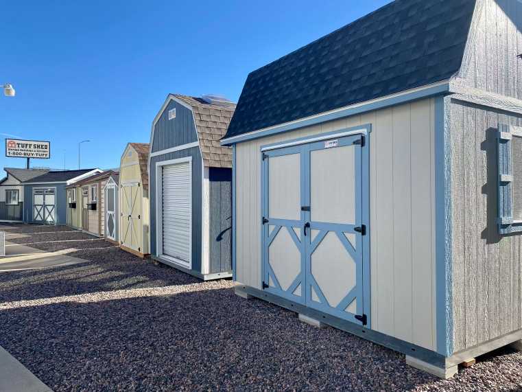 tuff shed outdoor showroom with variety of shed styles and color