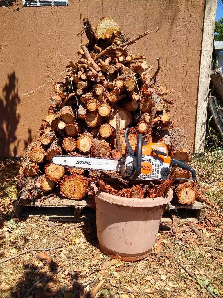 A chainsaw that has a stack of wood behind it for a workshop shed.