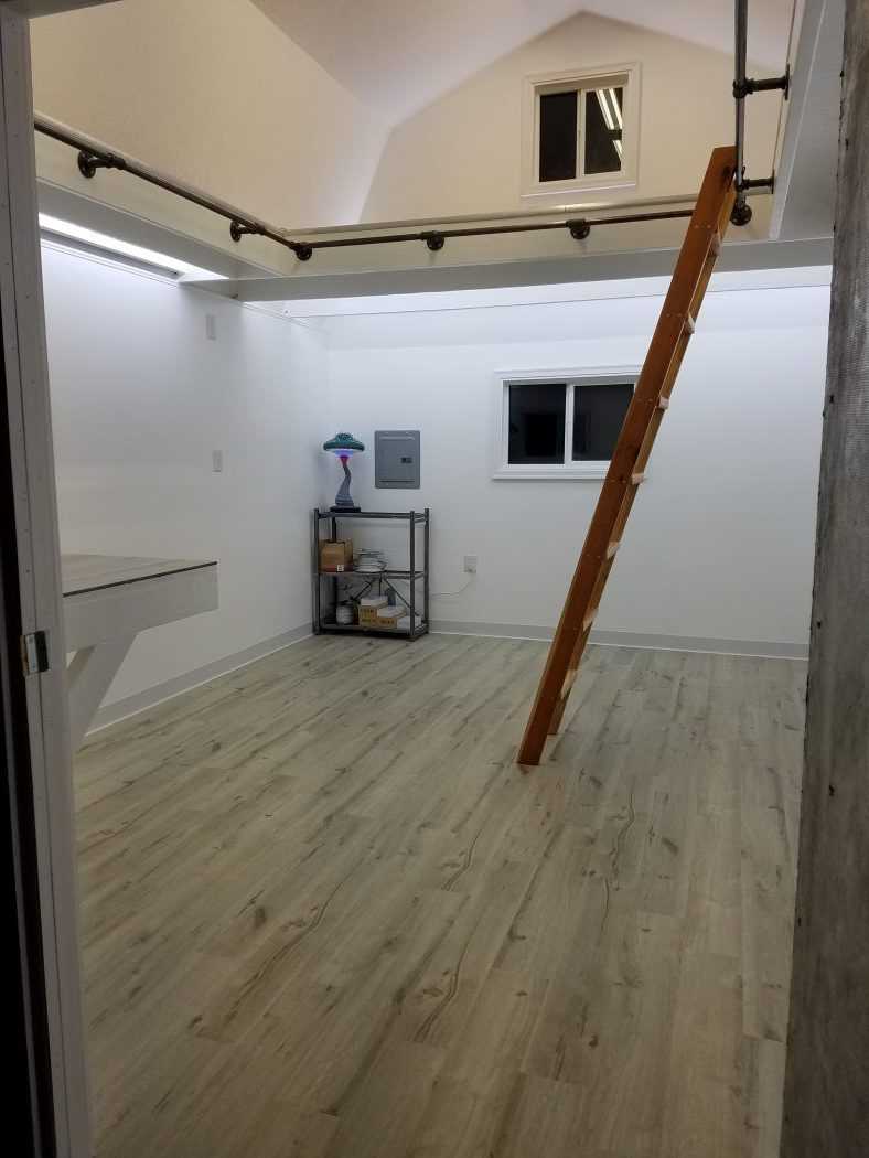 A picture of the shed from the entrance with a ladder