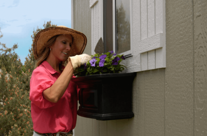A woman wearing gardening gloves and a gardening hat in a pink shirt holding a trowel, standing up is gardening in a black window box that contains purple flowers, on the side of a shed, below a window