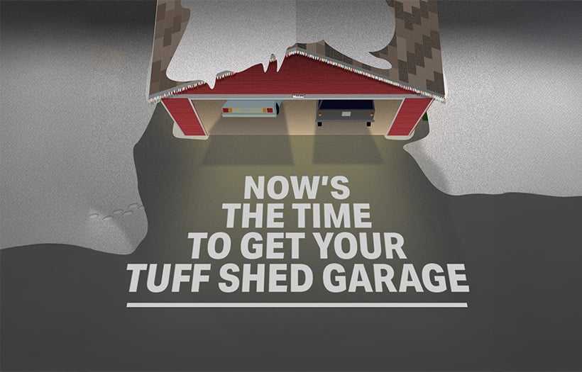 This is a photo of an overview of a garage that has two cars in it, The text overlay says nows the time to get your Tuff Shed Garage