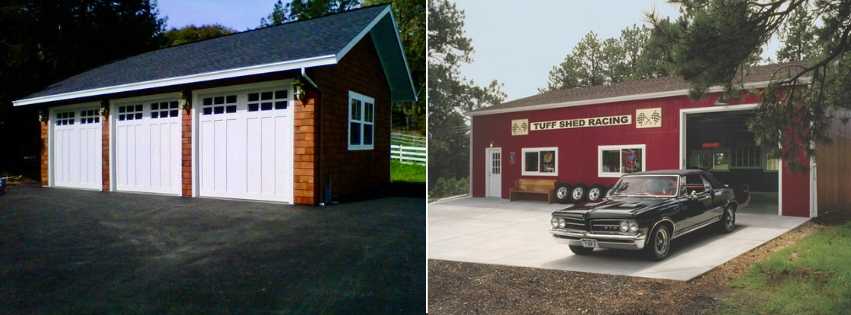On the left is a photo of a Premier Pro Ranch Garage with three garage ports and on the right is a Premier PRO Ranch Garage with a classical car outside of it
