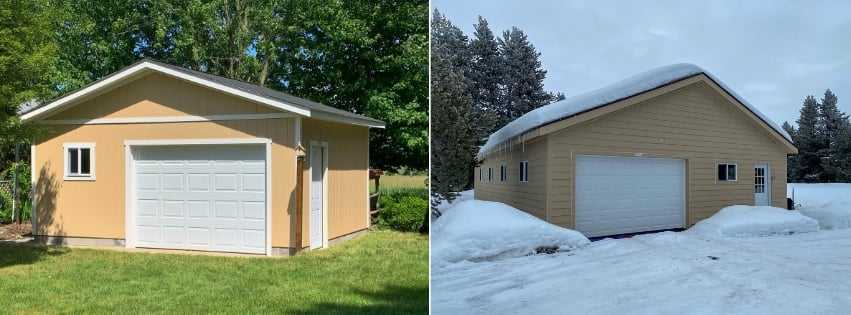 On the left is a yellow Premier PRO Ranch Garage and the right is a Premier PRO Ranch Garage in snow.