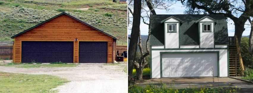 On the left is a wood panneled garage with two ports, and on the right is a Premier PRO Ranch Garage in white.