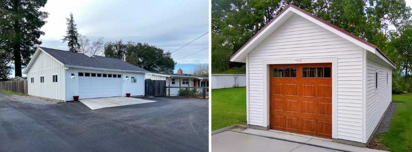 On the left is a Premier PRO Ranch Garage all white bulding and same on the right.