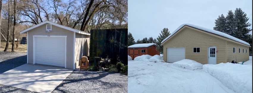 The left is a Premier Ranch Garage with one unit for a car and on the right is another Premier Ranch Garage in the snow