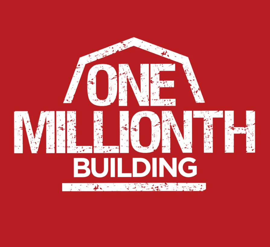 One Millionth Building Logo in White on a Red Background