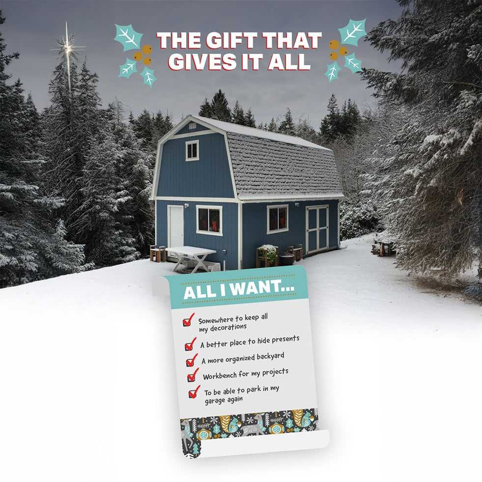 This is a phot of a Tuff Shed Premier Barn Garage in blue that is in the snow with a table in front of it with text overlay that says the gift that gives it all.